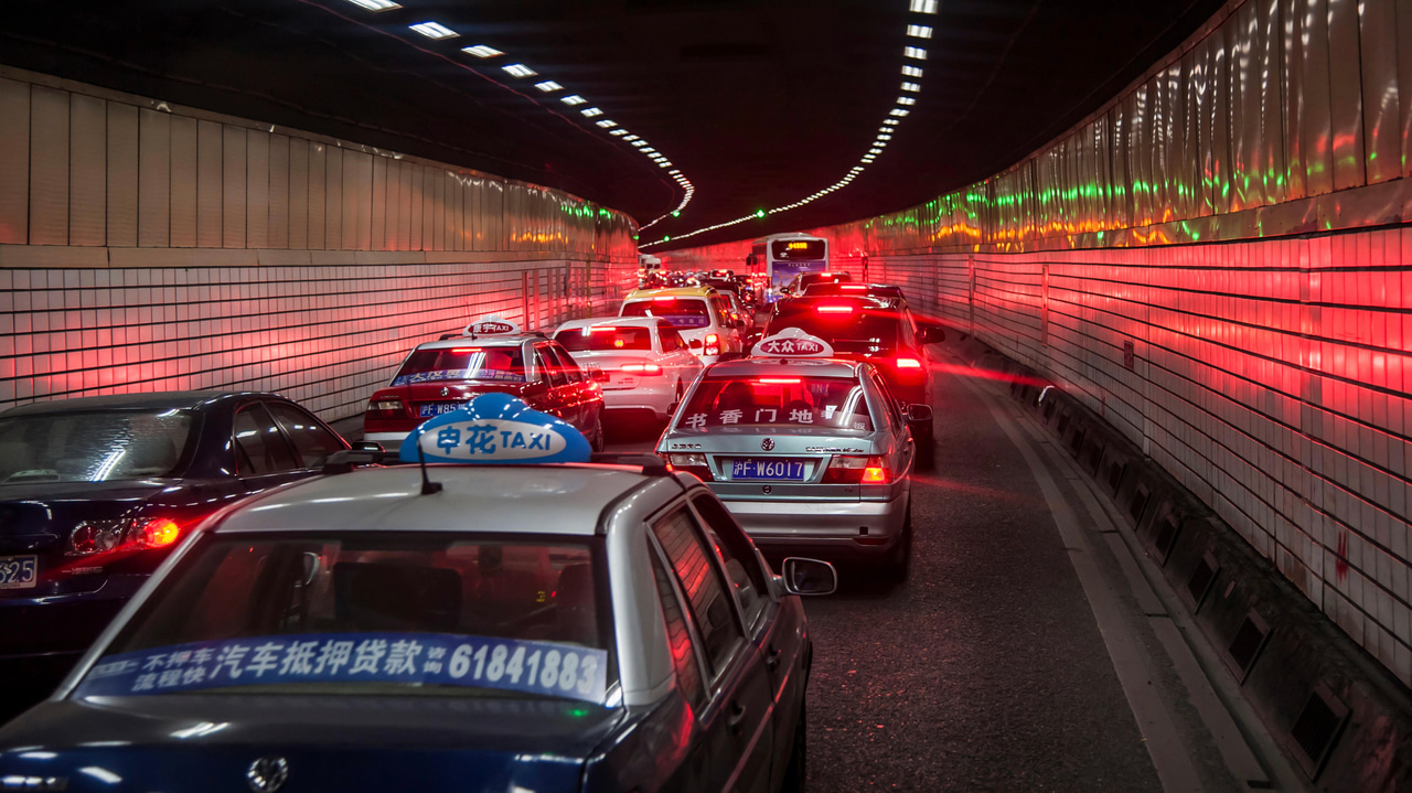 Cars in a tunnel in Shanghai, China
